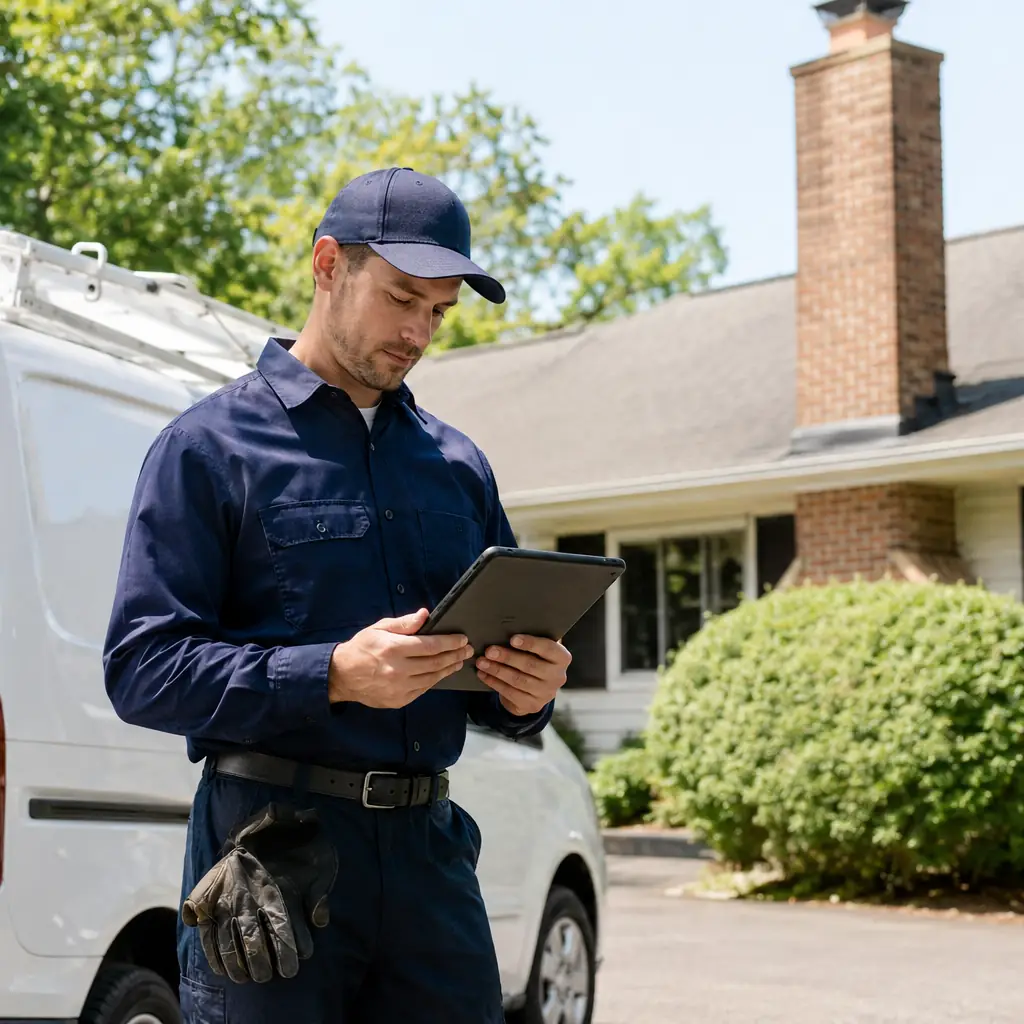 Chimney service technician beside his van reviewing a digital inspection report on a tablet.