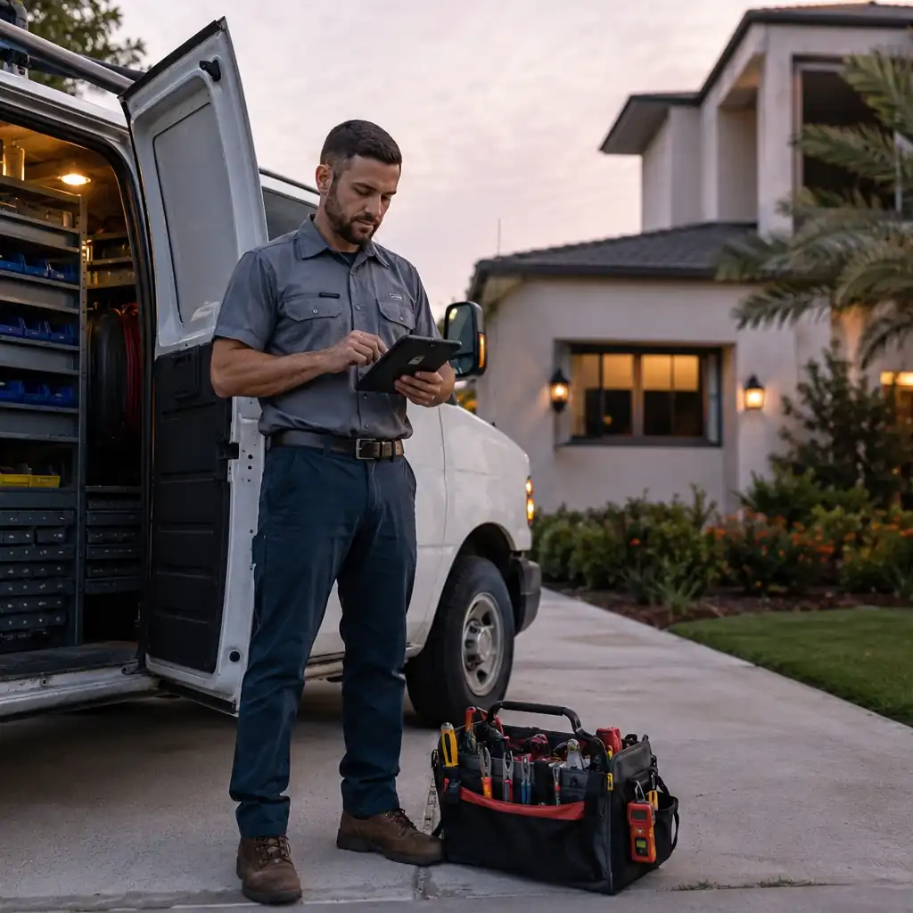 Service technician logs his hours on a tablet beside his work van at dusk.