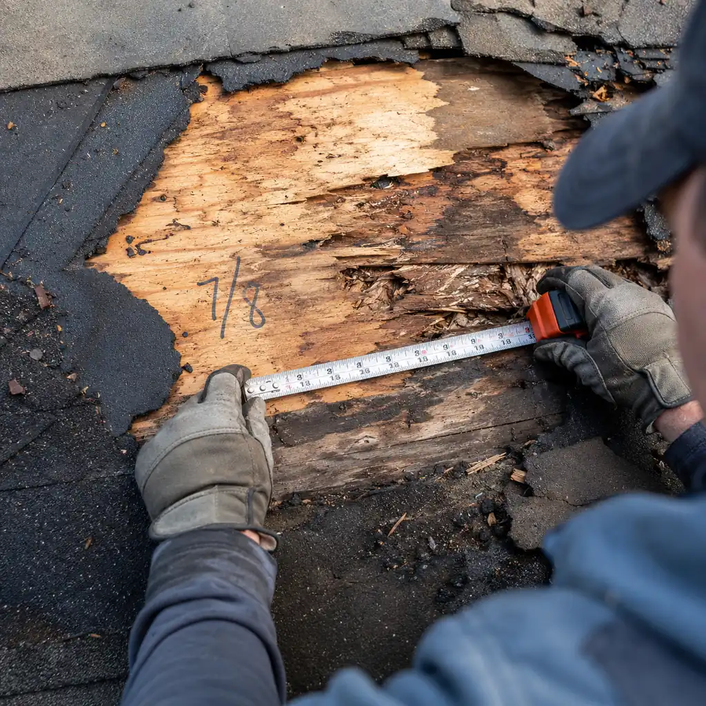 Gloved hands measuring delaminated roof decking marked with a lumber crayon number.