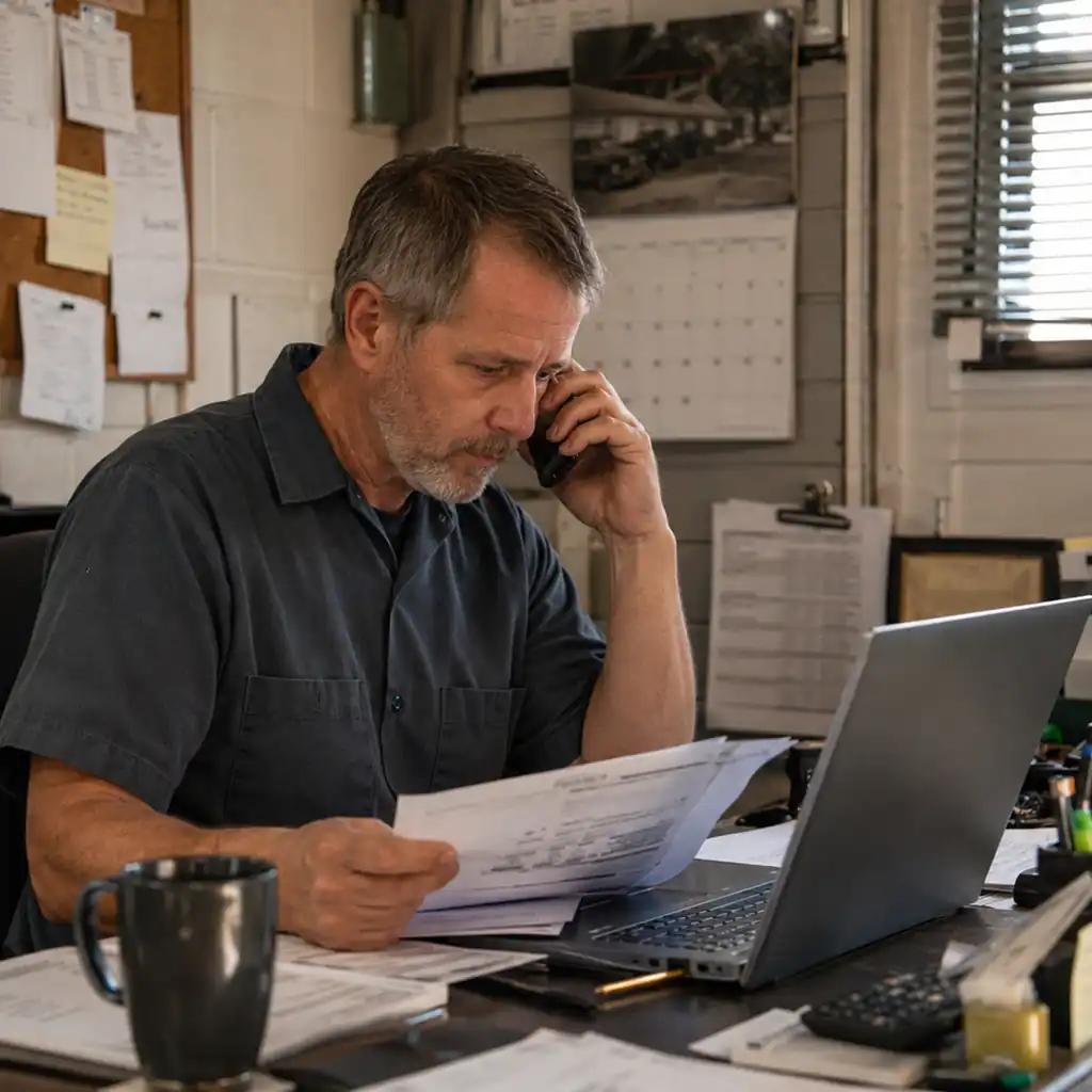 Appliance repair business owner on the phone reviewing invoices and job paperwork at his desk.