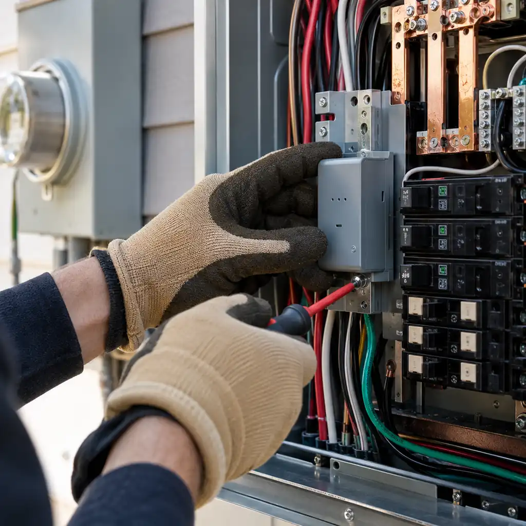 Electrician installing a UL 3141 smart load management device inside an open residential breaker panel.