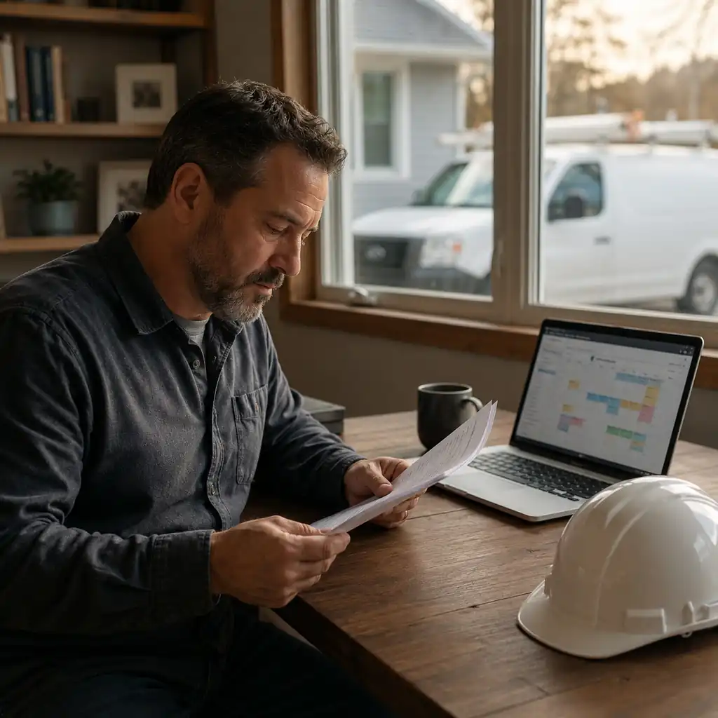 Business owner reviewing a printed annual service agreement beside a laptop job calendar.