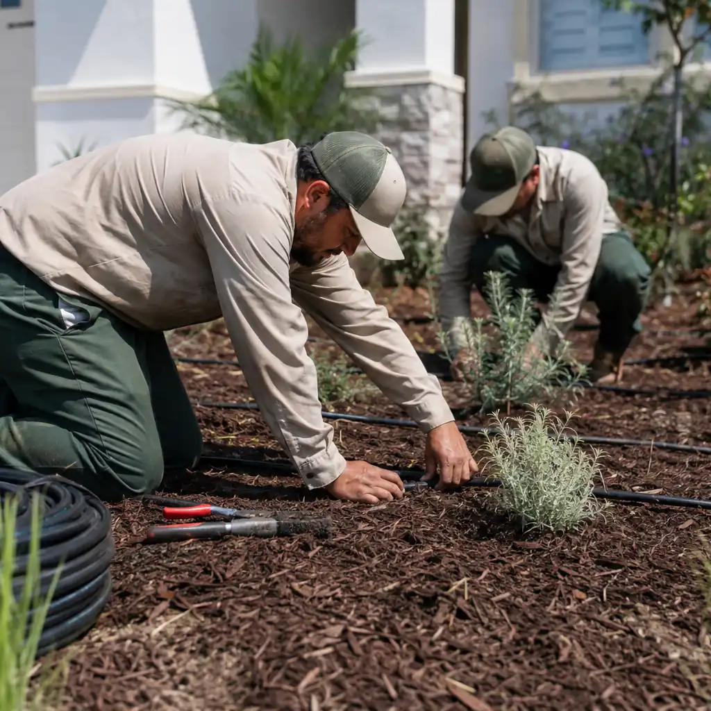 Landscaping crew installing drip irrigation tubing in a mulched drought-tolerant garden bed.