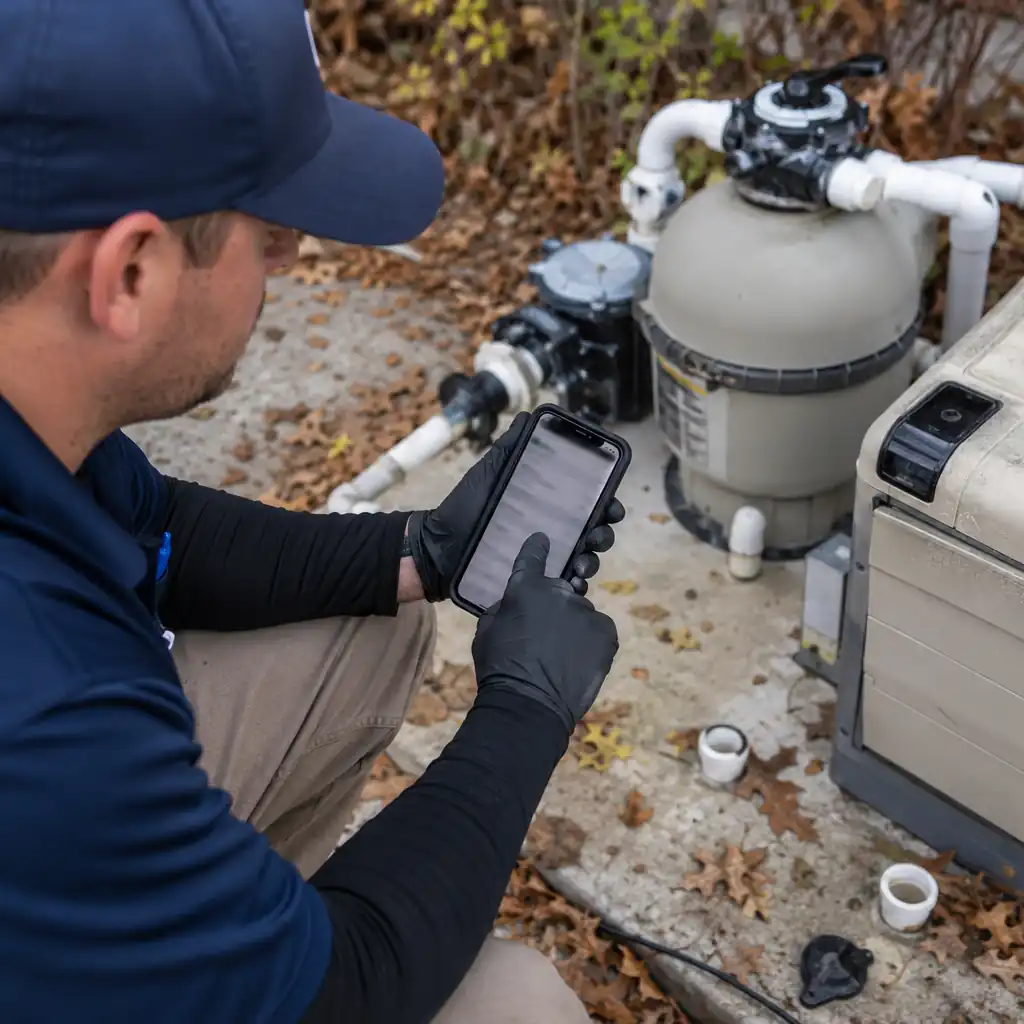 Pool technician completing a winterization checklist on a phone at the equipment pad.
