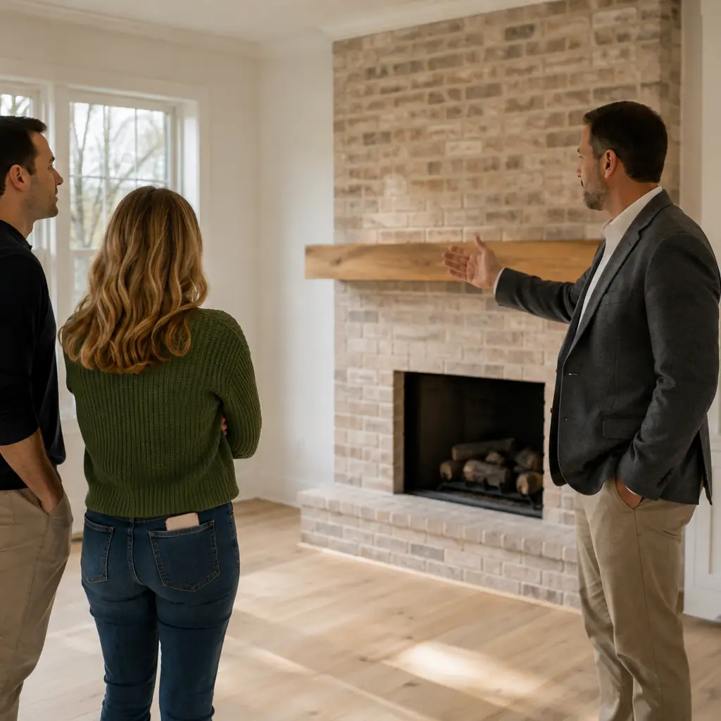 Real estate agent showing a brick fireplace to a young couple touring an empty home.