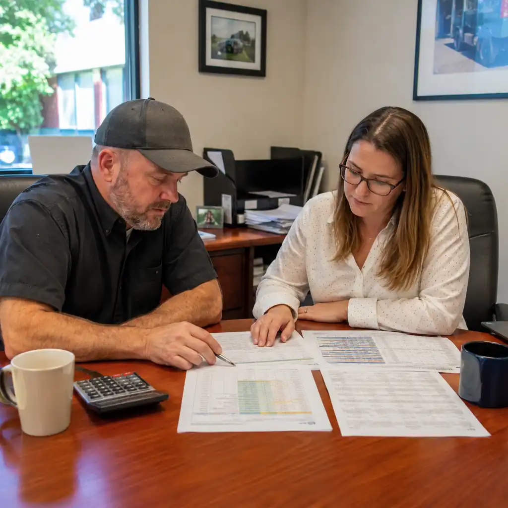 Business owner and office manager review payroll and job cost reports at a desk.