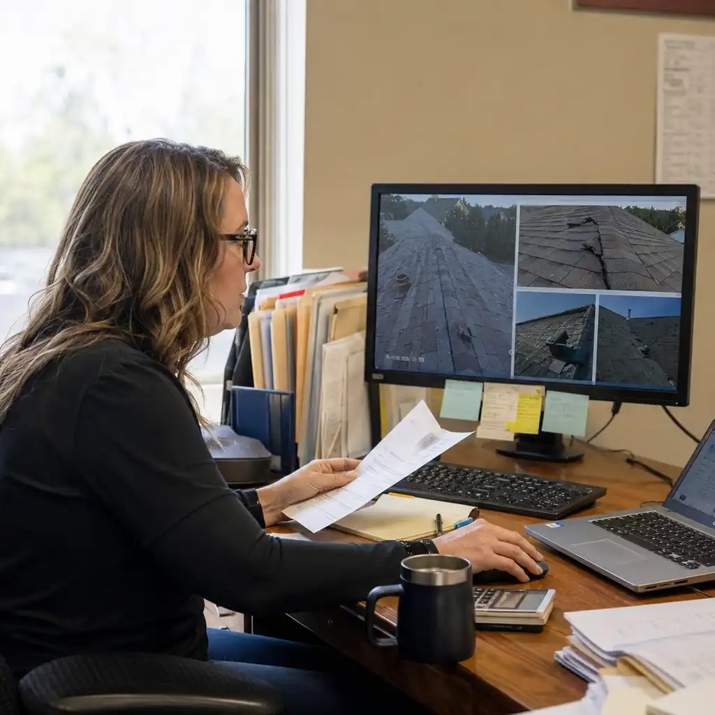 Roofing office manager reviewing job site roof damage photos on a desktop monitor.