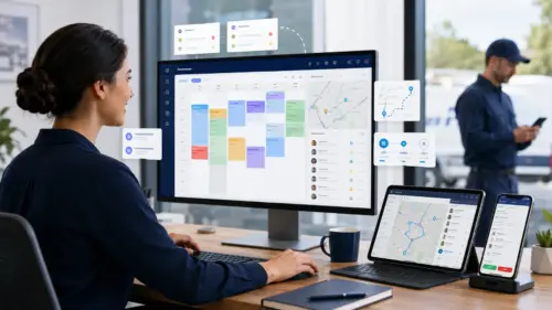 Dispatcher using dispatch software for service companies at a call center