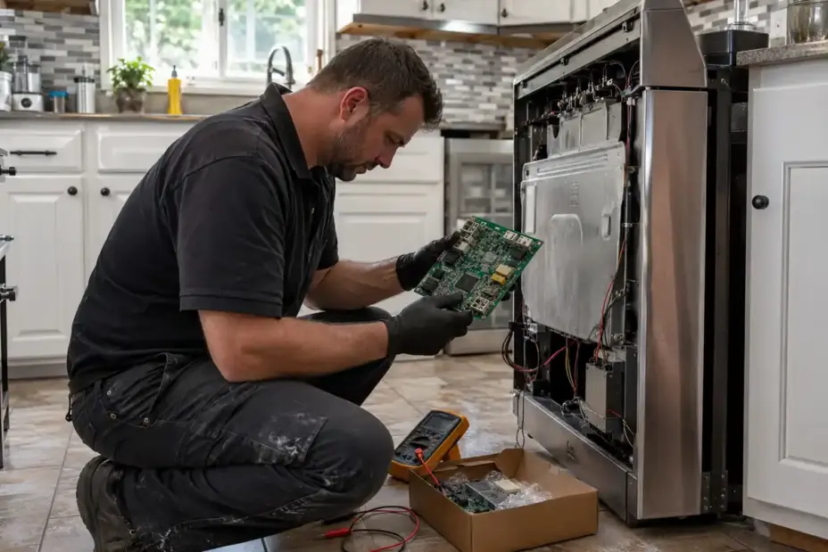 Appliance repair technician inspecting a replacement control board beside an open electric range.