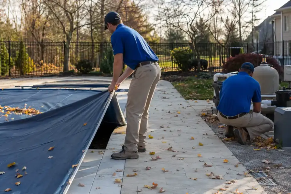 Two pool service technicians pulling a safety cover during an autumn pool closing.
