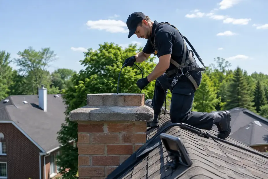 Chimney sweep technician on a suburban roof feeding a video camera into the flue.