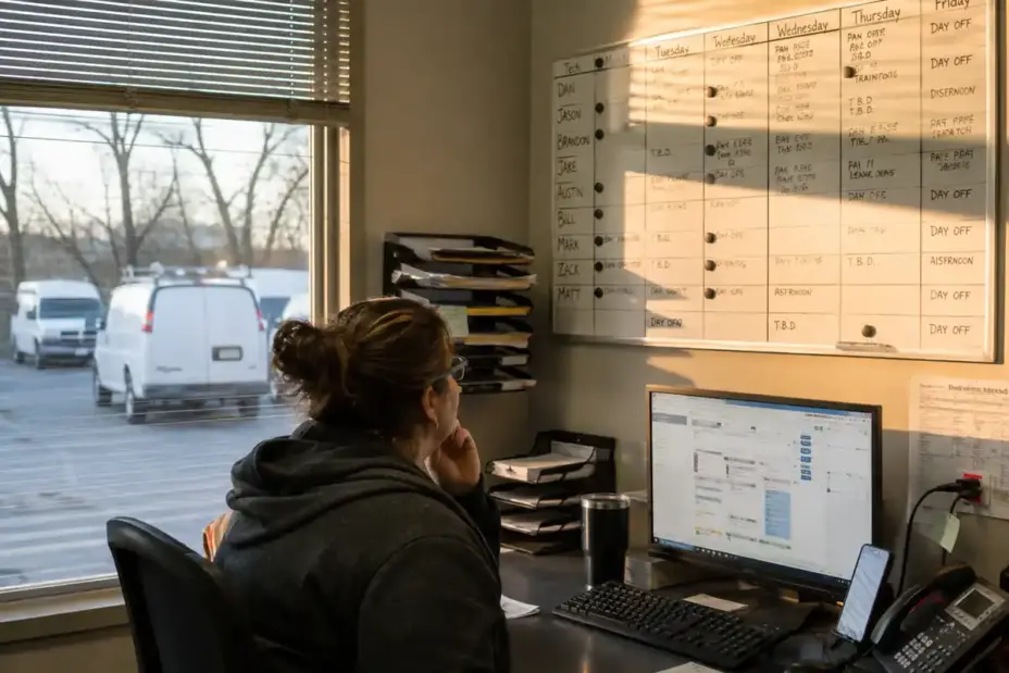 Dispatcher reviews a wall schedule board and monitor in a service company office.