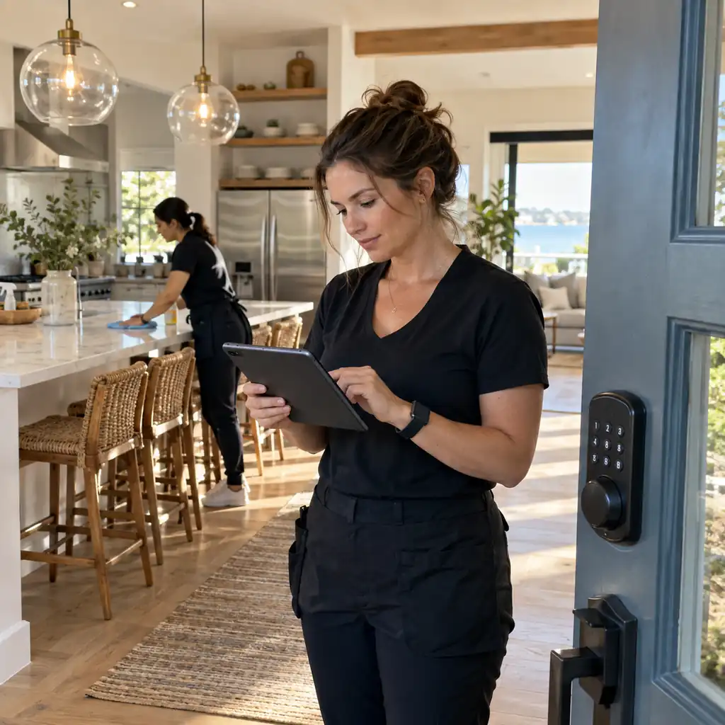 Cleaning business owner reviewing a turnover schedule on a tablet in a rental kitchen.