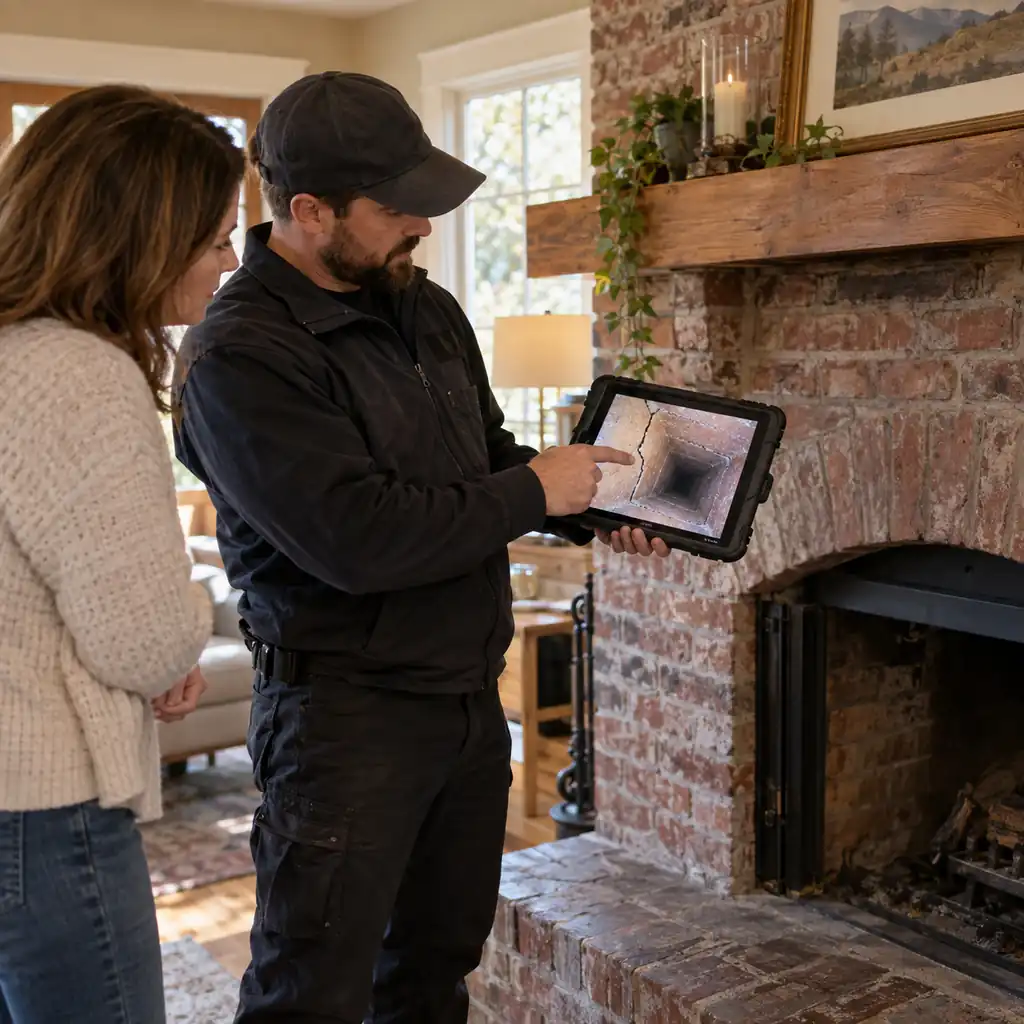 Chimney technician showing a homeowner camera footage of a cracked flue liner on a tablet.