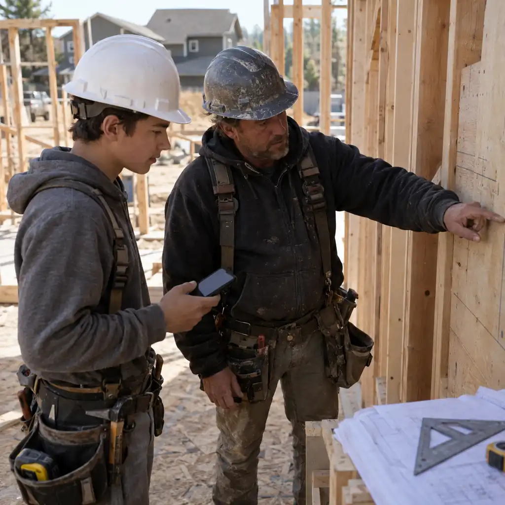 Construction foreman mentoring a new apprentice carpenter on a residential job site.