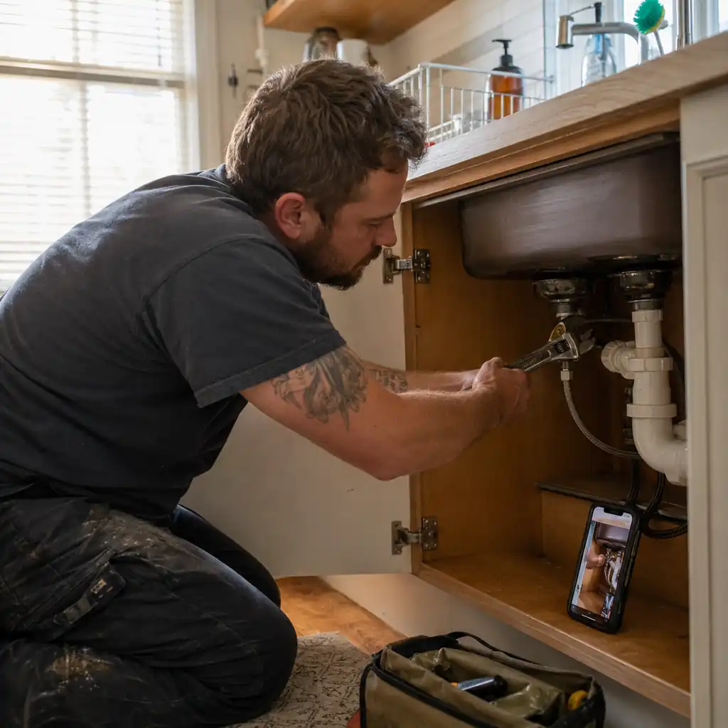 Handyman replaces a faucet supply line under a kitchen sink in a rental unit.