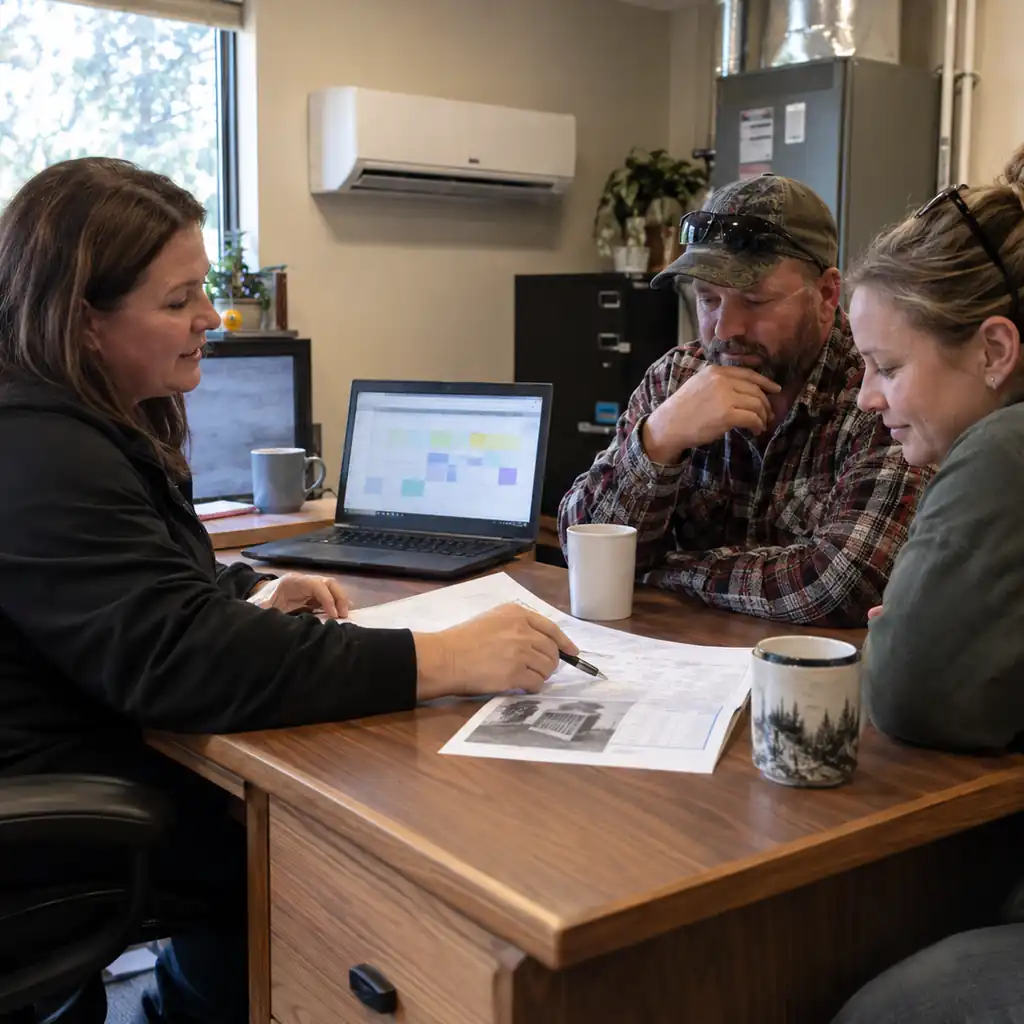 HVAC office manager reviewing a heat pump retrofit quote with homeowners.