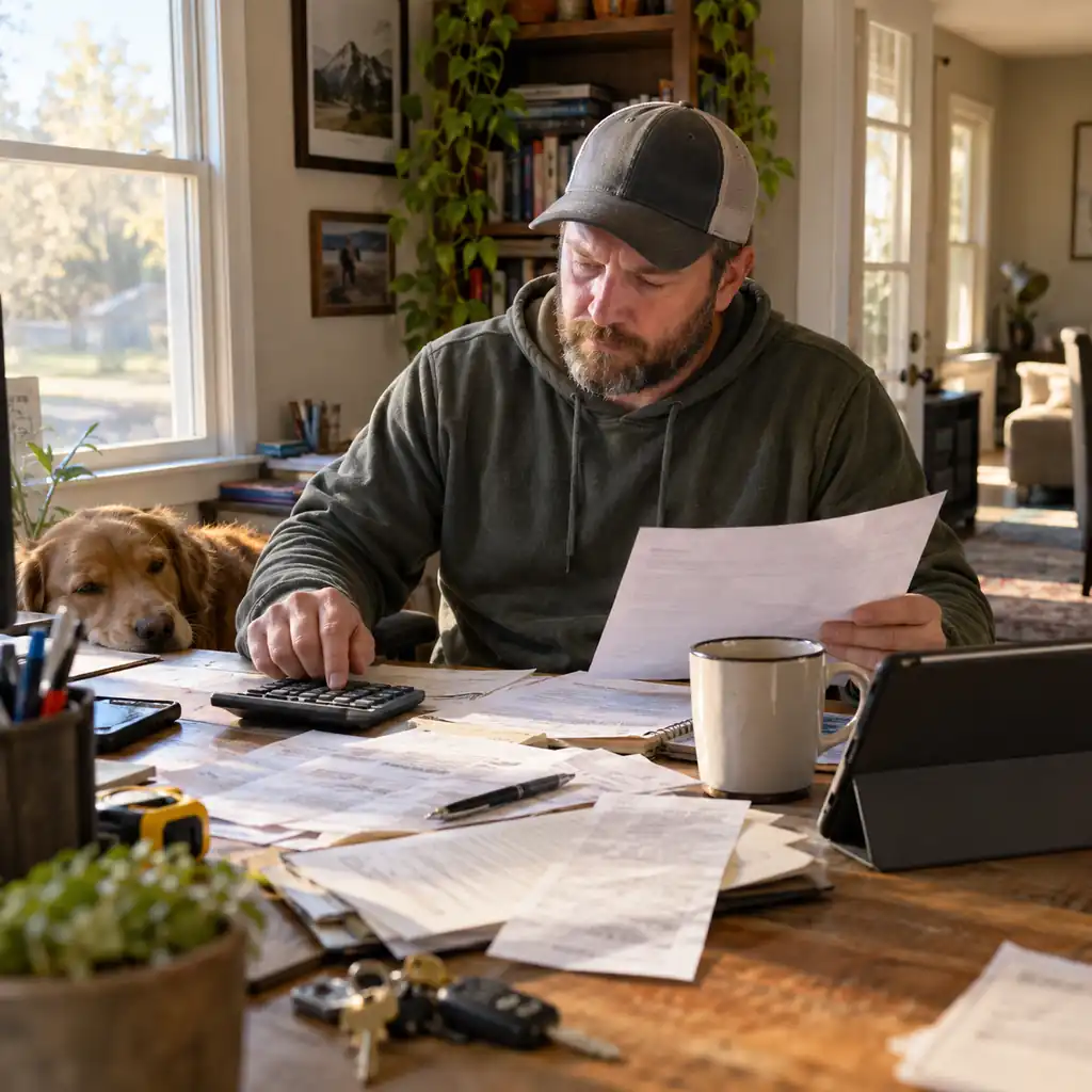 Carpet cleaning business owner reviewing job paperwork and calculator at a desk.