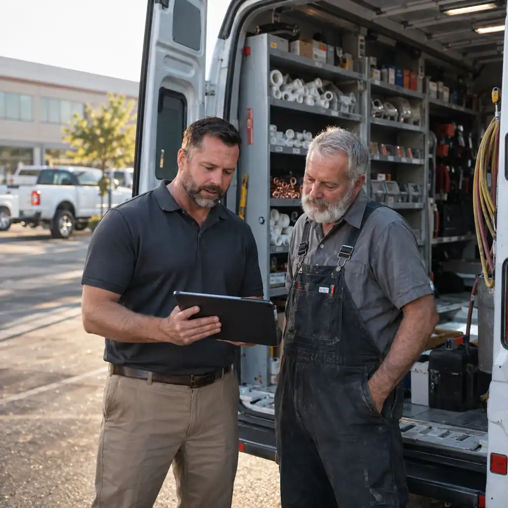 HVAC company owner and technician reviewing job details at a service van.