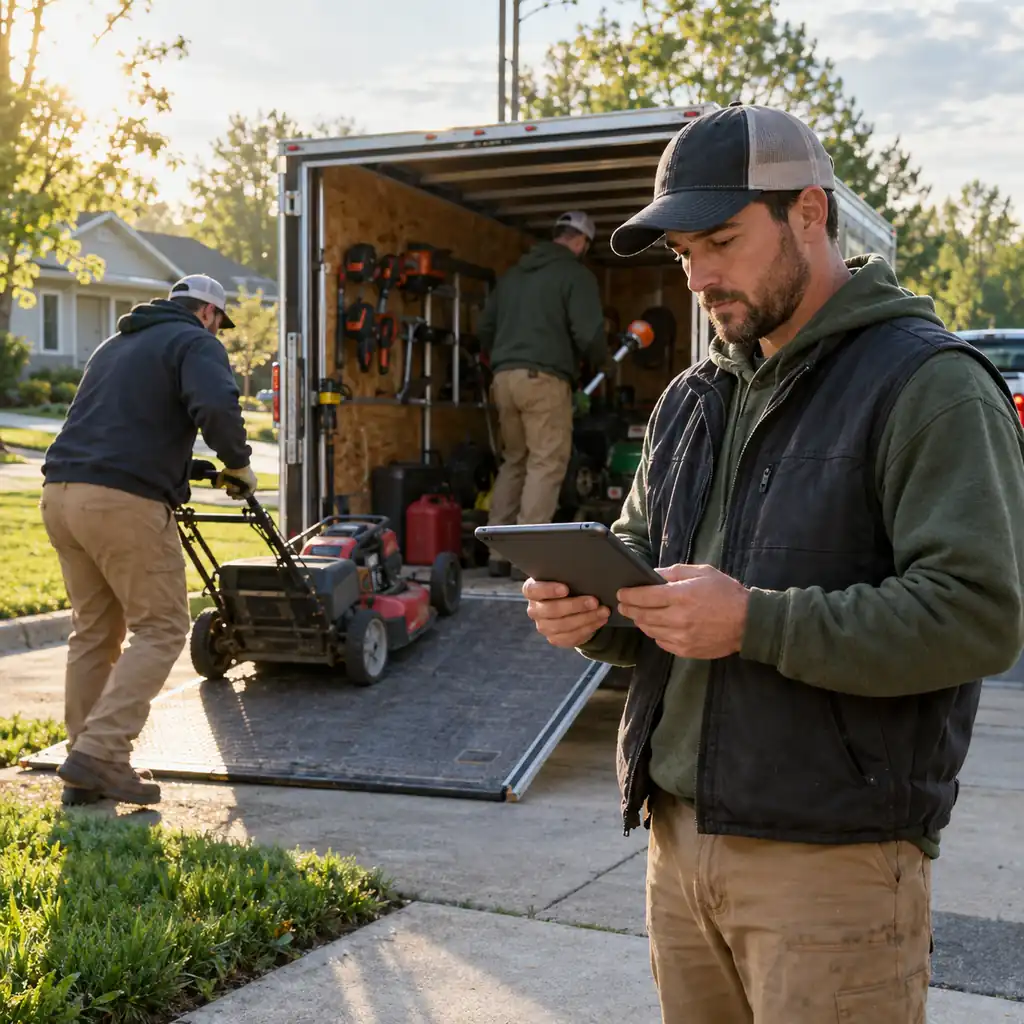 Lawn care owner checks crew hours on a tablet while workers load mowers onto a trailer.