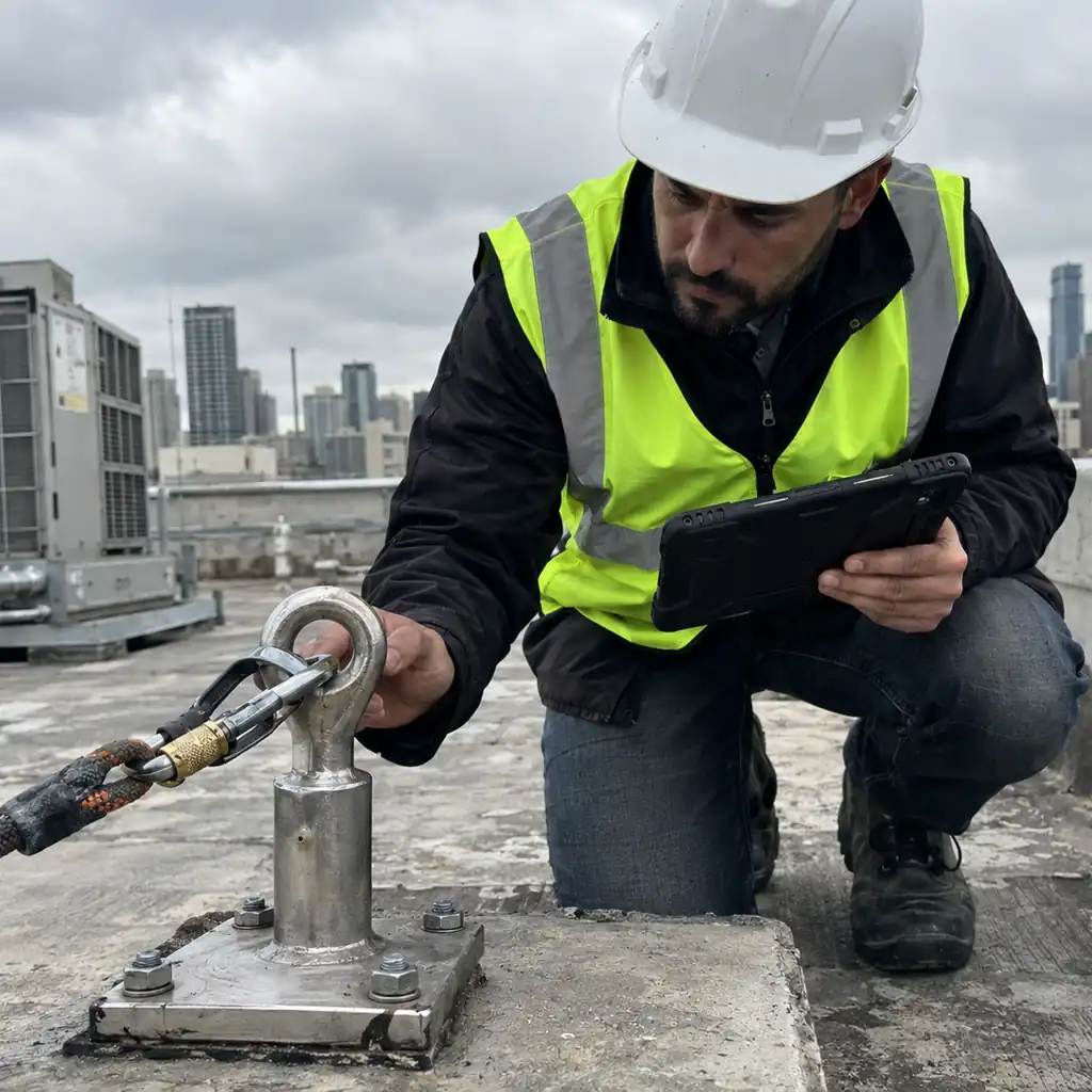Supervisor in a hard hat inspecting a rooftop safety anchor and rigged rope.