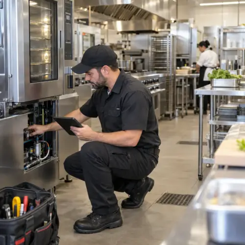 Service technician testing a commercial refrigeration unit during a repair callout