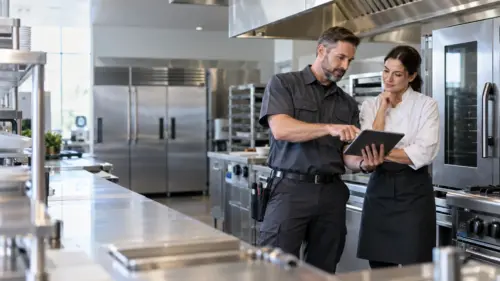 Technician servicing commercial kitchen equipment with a service record open on a tablet