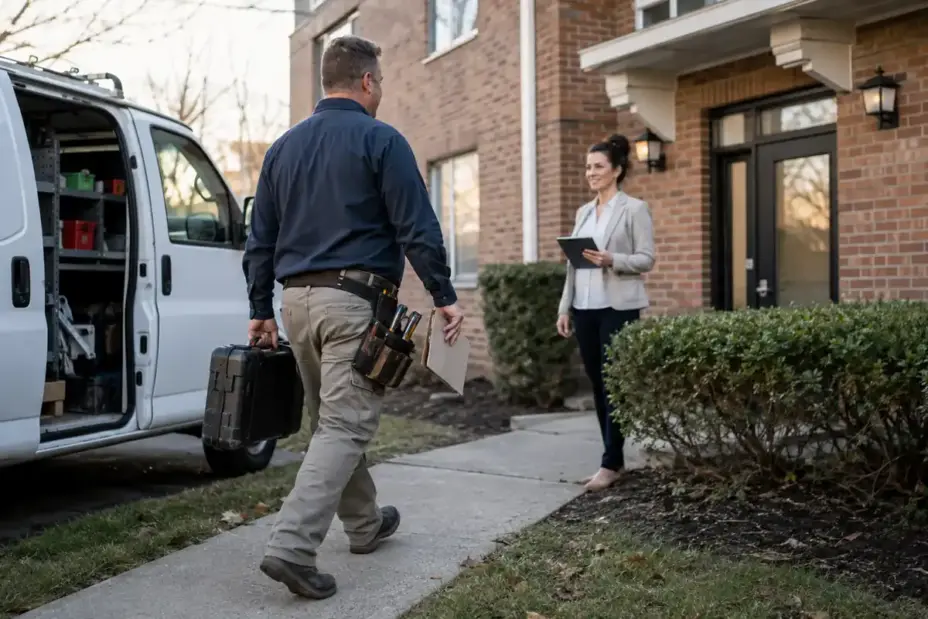 Handyman walks from his work van to meet a property manager at an apartment building.