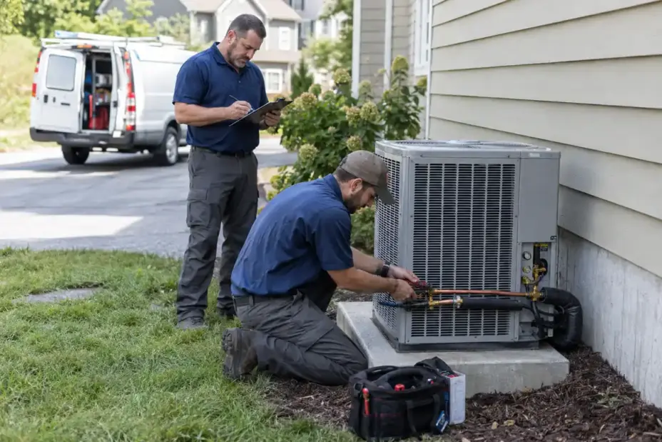 Two HVAC technicians installing an air-source heat pump outside a home.