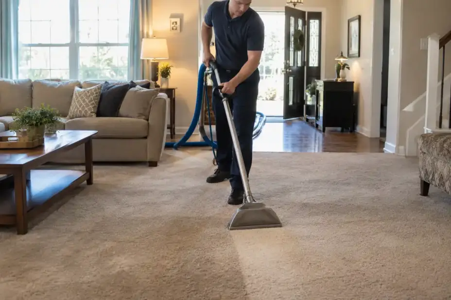 Technician deep cleaning beige carpet with a hot water extraction wand at home.