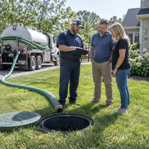 Septic service technician pumping a residential septic tank