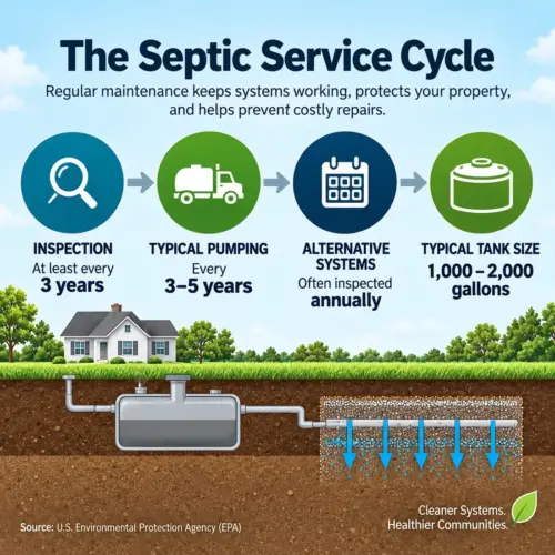 Infographic: EPA recommends a septic inspection at least every three years, pumping every three to five years, and shows typical tank capacity of 1,000 to 2,000 gallons