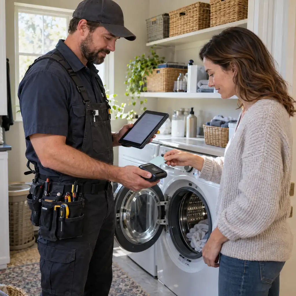 Technician showing a repair quote on a tablet as a homeowner pays by card in a laundry room.