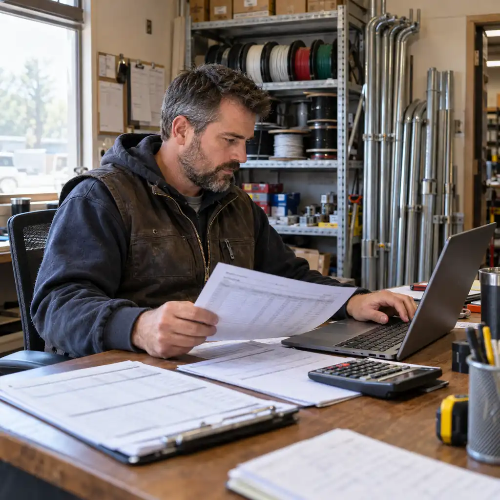 Electrical contractor owner reviewing technician time sheets and job costs at a shop desk.