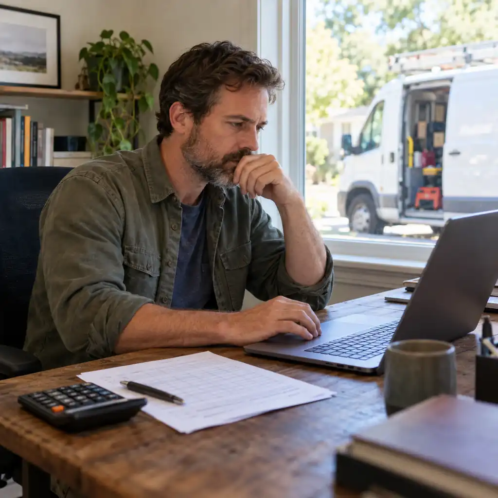 Handyman company owner reviewing technician hours and payroll on a laptop at a desk.