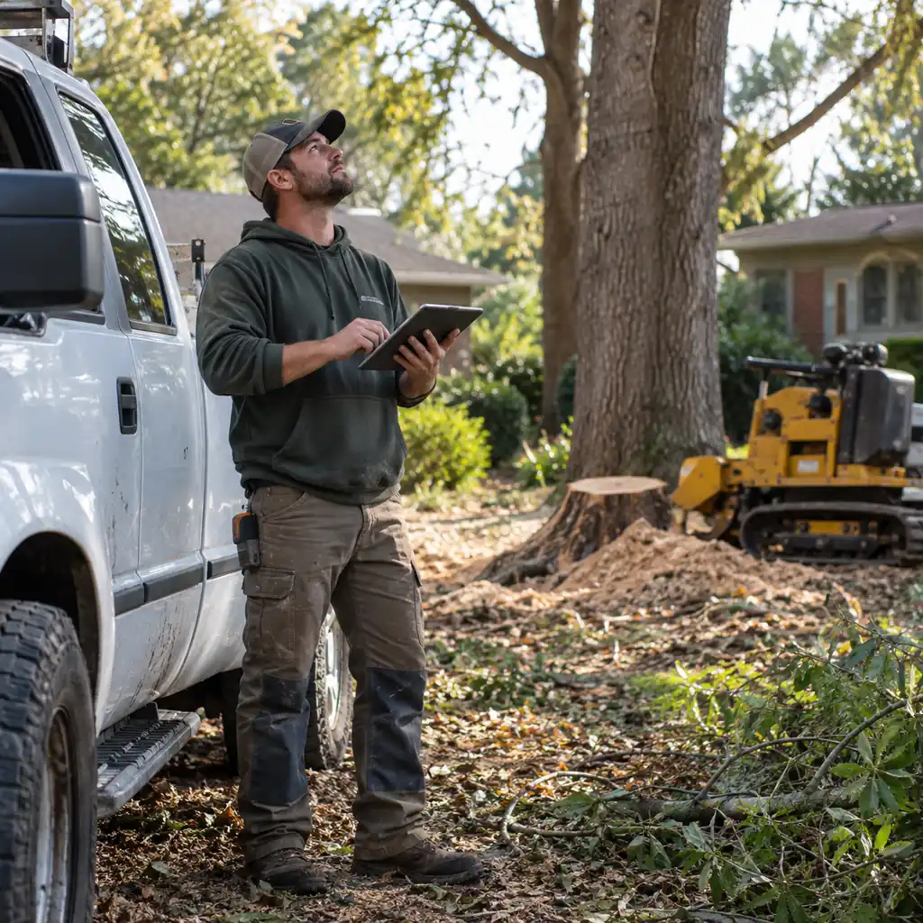 Tree service owner entering a tree removal estimate on a tablet beside a crew truck.