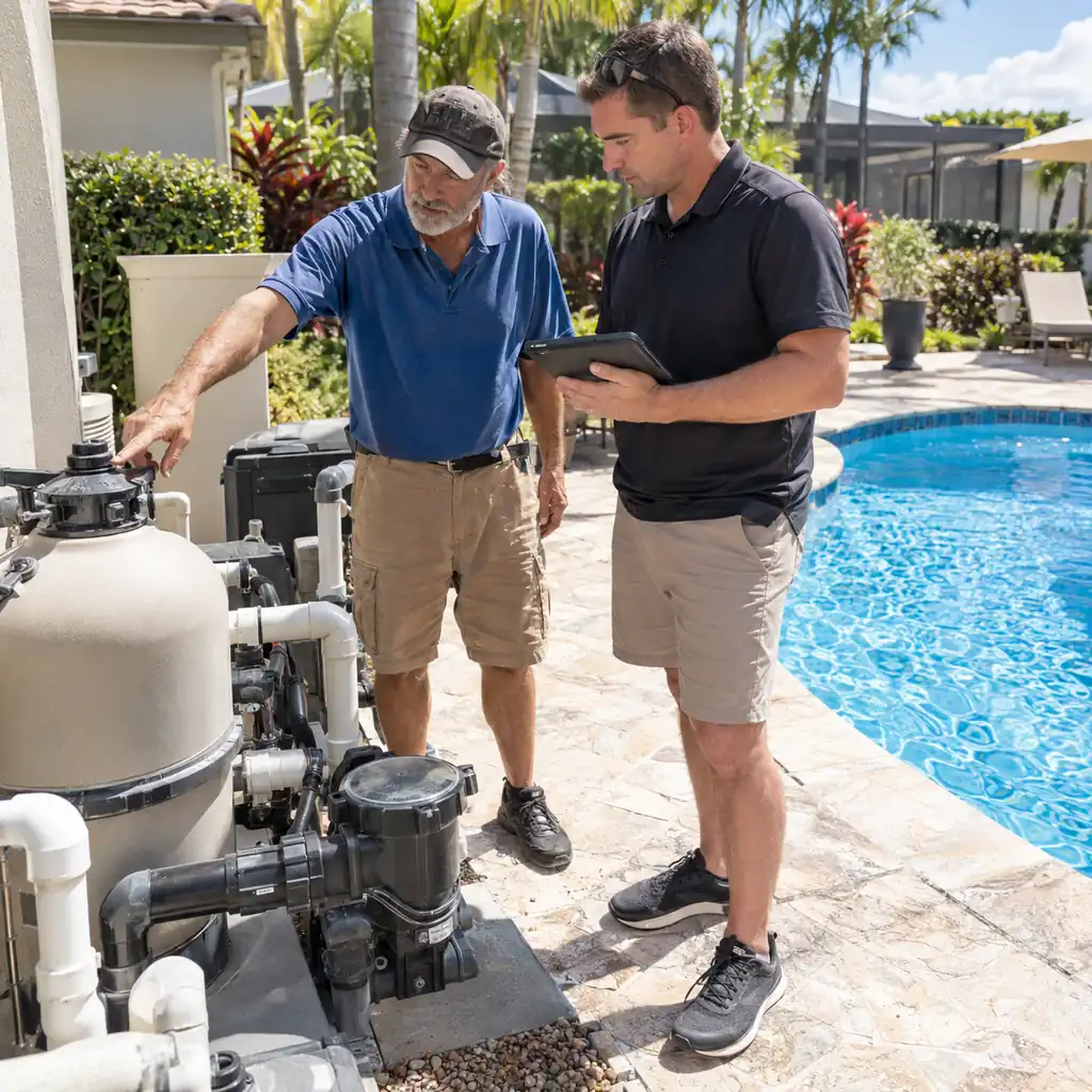 Experienced pool technician showing a new route owner the pump and filter during a ride-along.