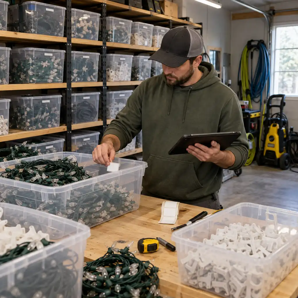 Service business owner with a tablet labeling bins of stored Christmas light strands in a workshop.