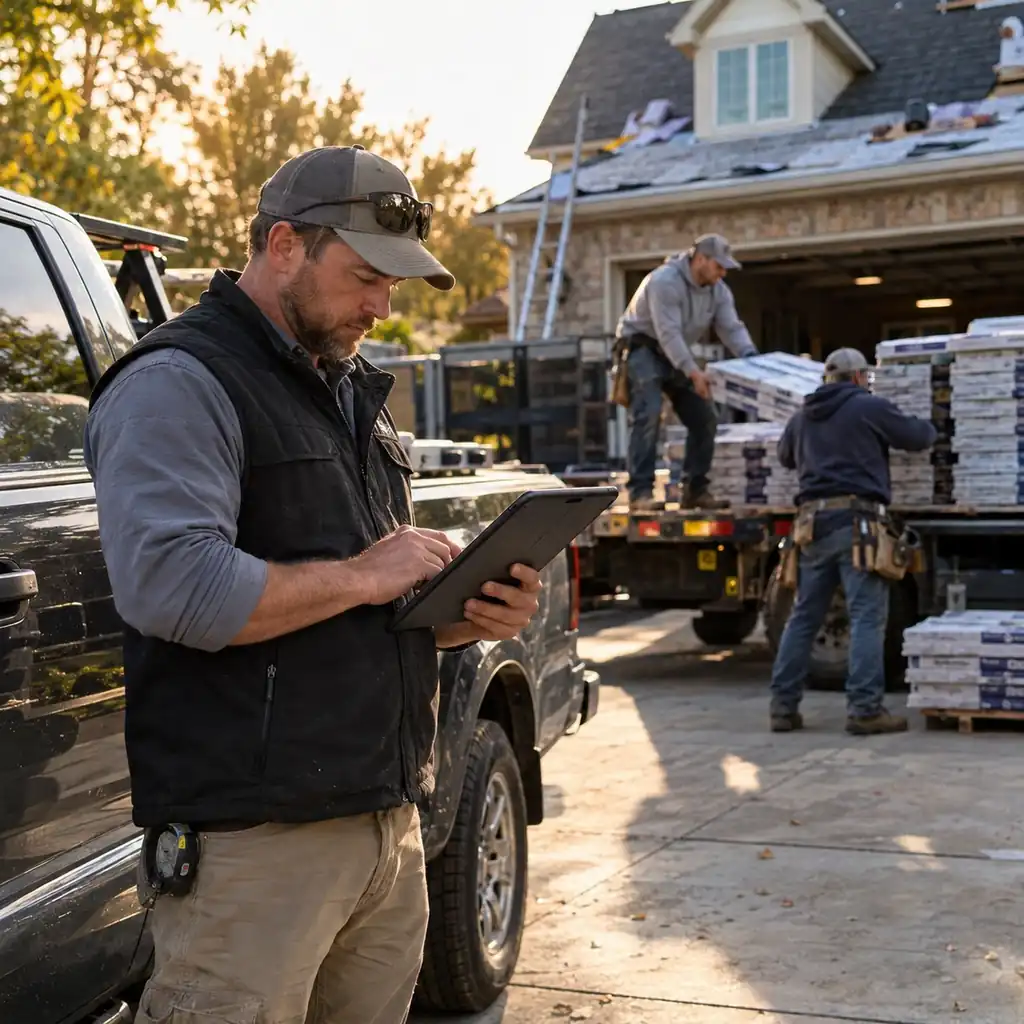 Roofing company owner reviews crew hours on a tablet while roofers unload shingle bundles from a trailer.