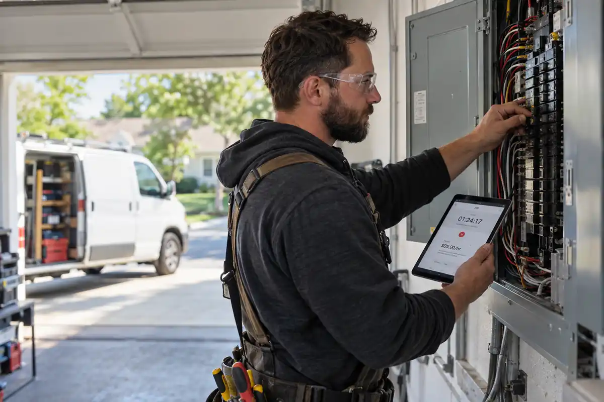 Electrician at an open residential electrical panel holding a tablet with a job timer.