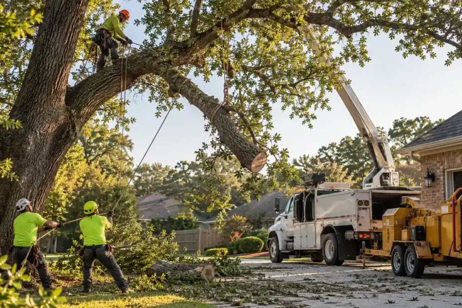 Arborist crew rigging and lowering limbs from a large oak leaning over a garage.