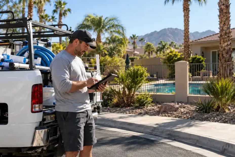 Pool service owner beside a work truck reviewing a customer list on a tablet before a route handoff.