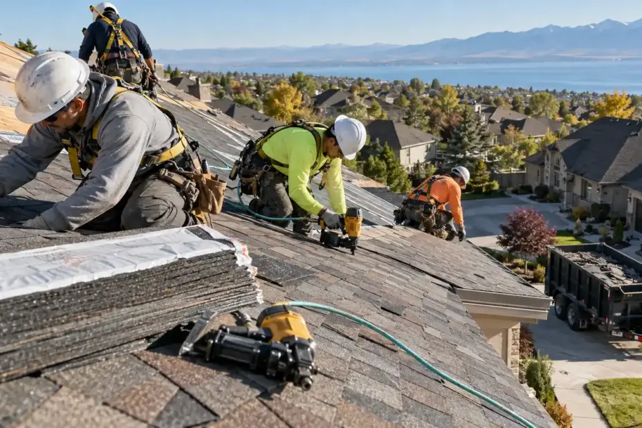 Four-person roofing crew in fall-protection harnesses installing asphalt shingles on a steep suburban roof.