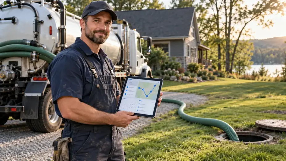 Septic technician checking a route on a tablet beside a pump truck